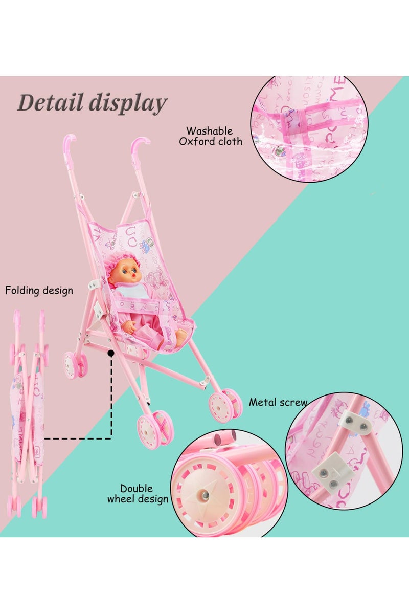 Foldable Baby Doll Stroller, Iron Sturdy Toddler Buggy Set, Children Educational Early Education Toys without Winking Doll, Ideal Gift for Imaginative Fun - Pink - Image 3