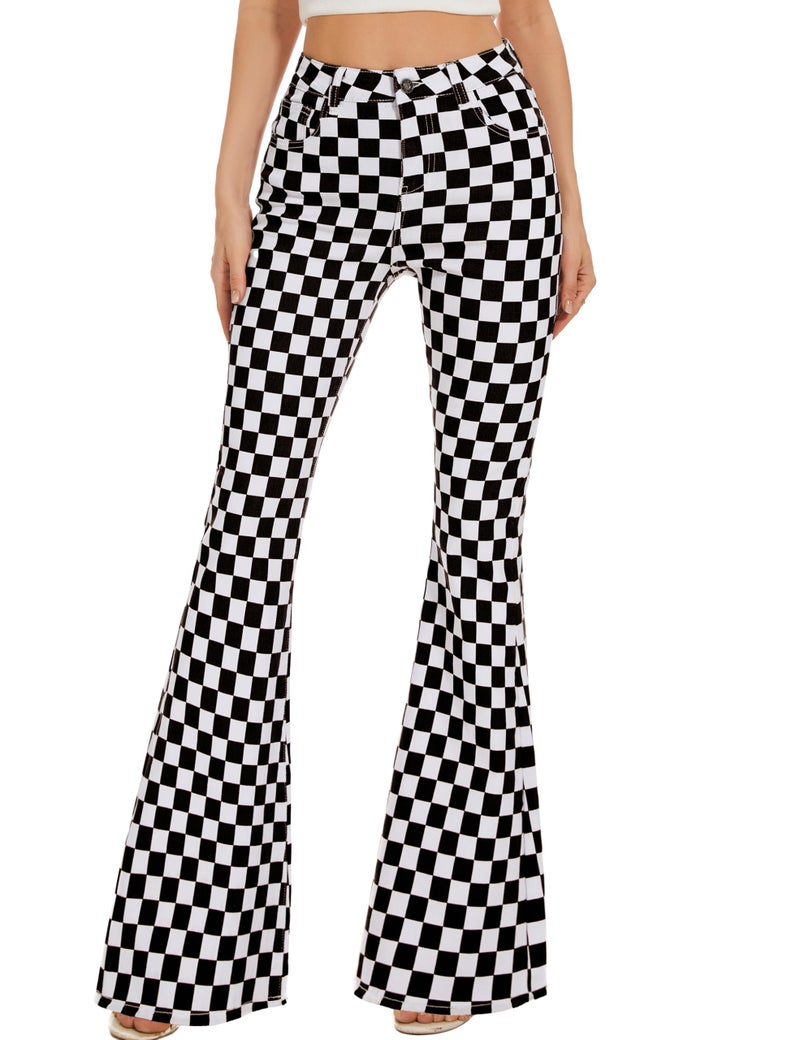 Odefou Bell Bottom Jeans for Women High Waisted Stretch Plaid Flare Jeans Bootcut Pants(Black White Plaid,14) - Image 1