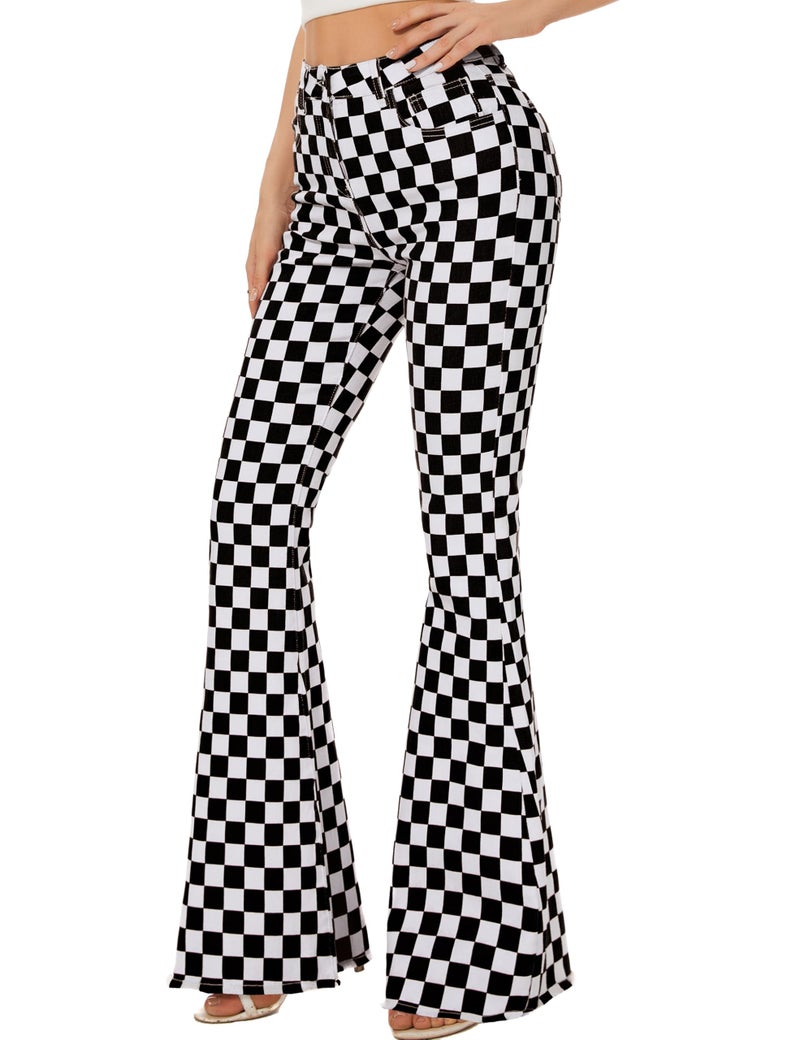 Odefou Bell Bottom Jeans for Women High Waisted Stretch Plaid Flare Jeans Bootcut Pants(Black White Plaid,14) - Image 2