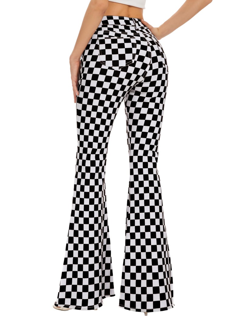 Odefou Bell Bottom Jeans for Women High Waisted Stretch Plaid Flare Jeans Bootcut Pants(Black White Plaid,14) - Image 3