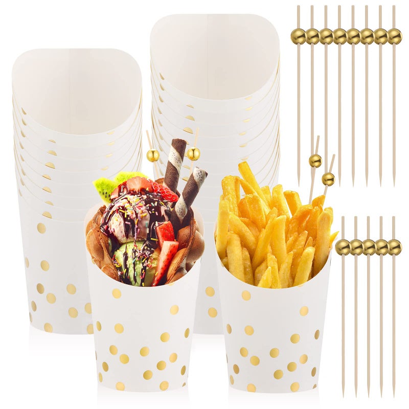 Thenshop 14 oz Charcuterie Cups Disposable French Fries Holder French Fry Paper Cups Gold Polka Dots Popcorn Boxes and 47 Inch Cocktail Picks Gold Pearl Bamboo Skewers for PartyWhite200 Pcs