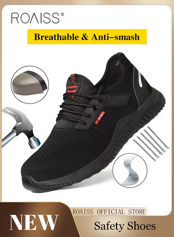 roaiss Men Steel Toe Safety Shoes, Puncture Proof Work Shoes, Stylish Sneakers for Men, Breathable Running Shoes with Soft Sole, Comfy Low Top Sports Shoes, Suitable for Construction, Industrial Sites, Manufacturing and Outdoor Activities, Black - Image 2