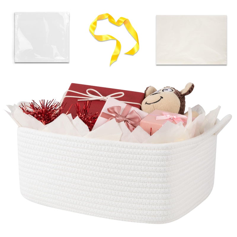 OIASKET Basket for Gifts Empty, Woven Storage Basket with Gift Bag, Ribbon and Wrap Tissue Paper, Small Rope Toy Storage with Handles for Baby Shower, Dog Toy Organizer, 13.6" x 10" x 5.9â€ - Image 1