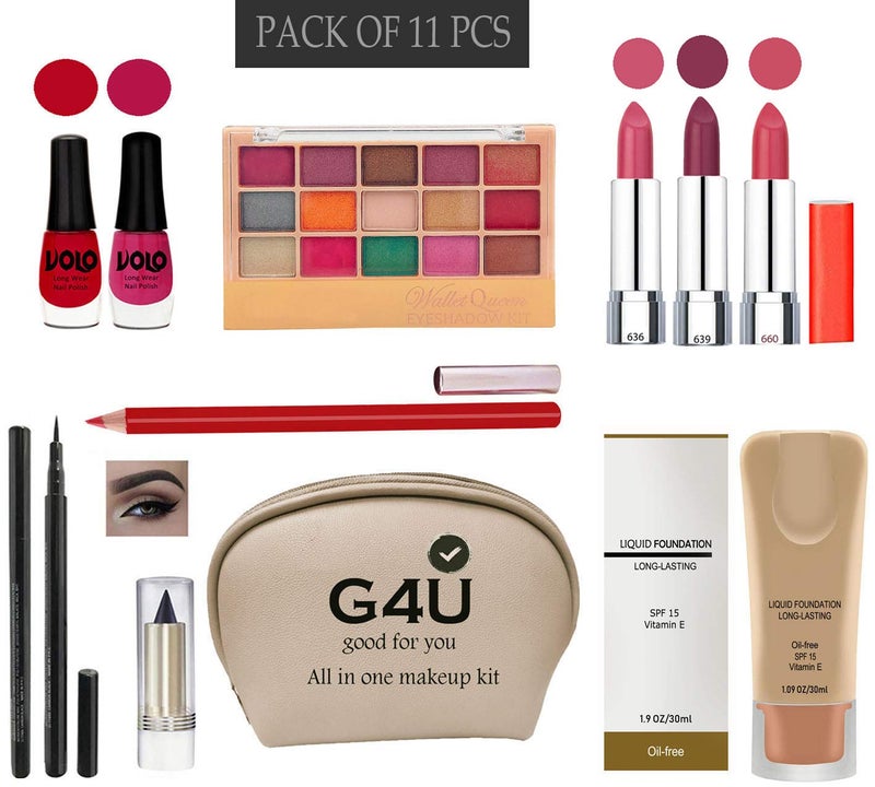 G4U Makeup kit Cosmetices Set (2 Nail Polishs,3 Lipsticks,Eyeshadow,Penliner,Kajal, Lipliner,Foundation,Pouch) Pack of 11 PCS NE08012021B78 - Image 1
