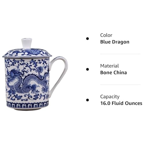 QPOIBSD Chinese Gongfu Loose Leaf Tea/Coffee Brewing System - Bone China & White Porcelain Teacup/Coffee Cup - 450ml - Blue Dragon - Image 3