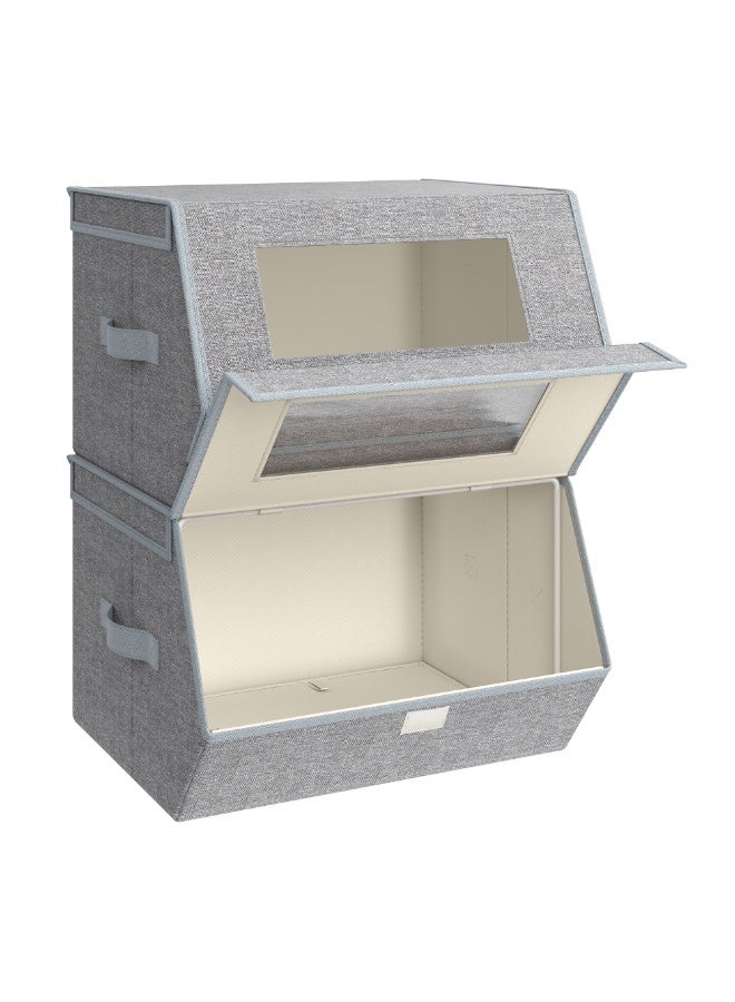 SONGMICS Stackable Storage Bins Set Of 2, Storage Boxes With Lids And Front Windows, Non-Woven Fabric Closet Organizers With Magnetic Closures, Side Handles, Dove Gray 38 x 35 x 25 cm - Image 2
