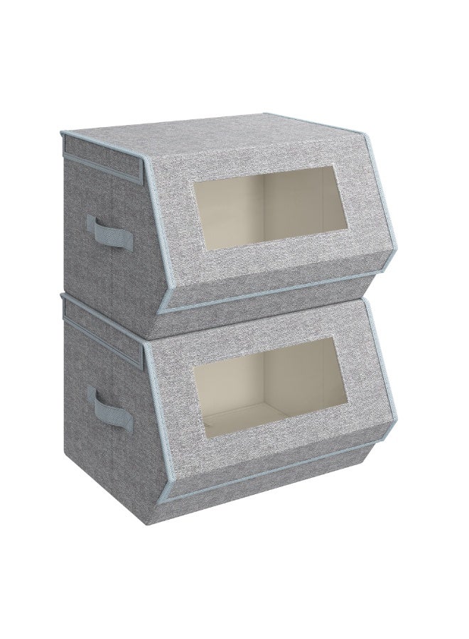 SONGMICS Stackable Storage Bins Set Of 2, Storage Boxes With Lids And Front Windows, Non-Woven Fabric Closet Organizers With Magnetic Closures, Side Handles, Dove Gray 38 x 35 x 25 cm - Image 1