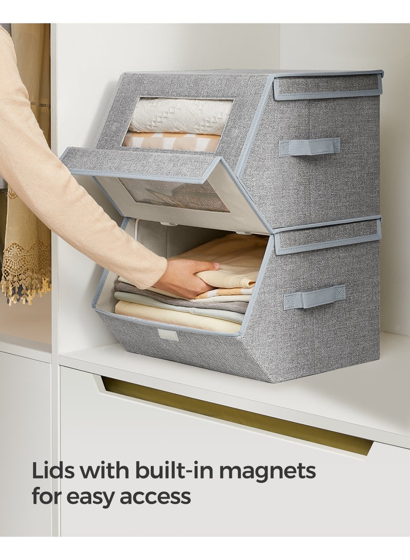 SONGMICS Stackable Storage Bins Set Of 2, Storage Boxes With Lids And Front Windows, Non-Woven Fabric Closet Organizers With Magnetic Closures, Side Handles, Dove Gray 38 x 35 x 25 cm - Image 5