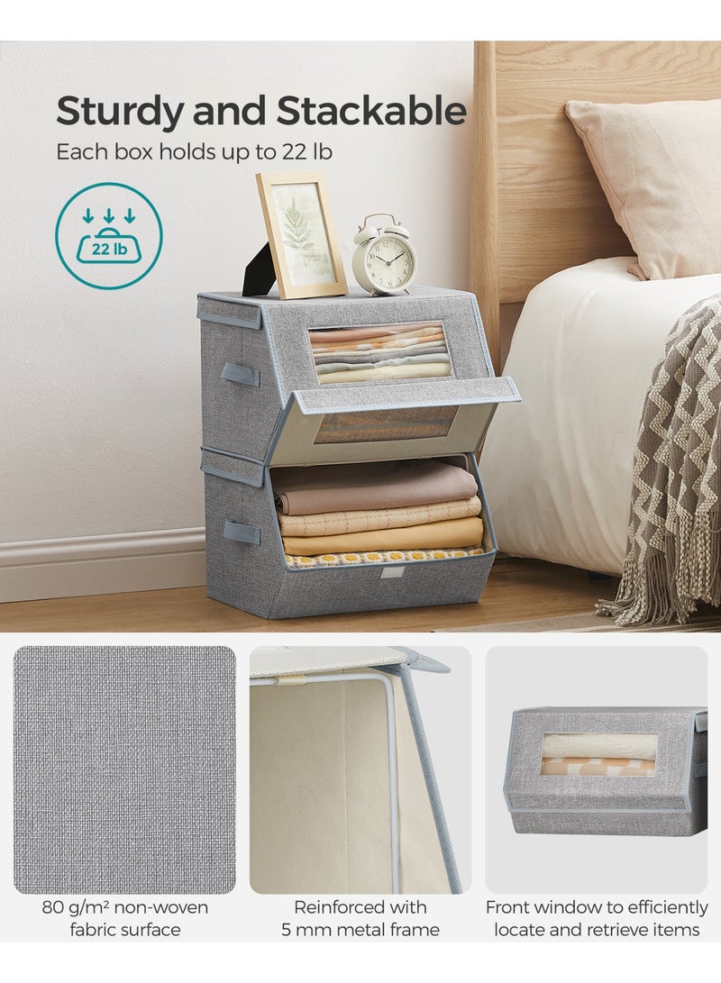 SONGMICS Stackable Storage Bins Set Of 2, Storage Boxes With Lids And Front Windows, Non-Woven Fabric Closet Organizers With Magnetic Closures, Side Handles, Dove Gray 38 x 35 x 25 cm - Image 4