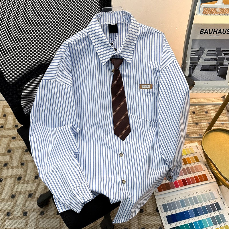 Retro Japanese striped shirt men's long-sleeved college style jk tie shirt spring and autumn loose fashion brand couple clothes - Image 3