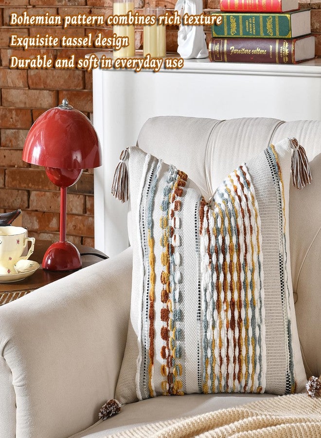 AmHoo Set of 2 Chenille Striped Textured Boho Throw Pillow Covers Aesthetic with Tassels Woven Decorative Pillow Case for Couch Bed Sofa Bedroom Modern Funky 18 x 18-Inch Brown - Image 4