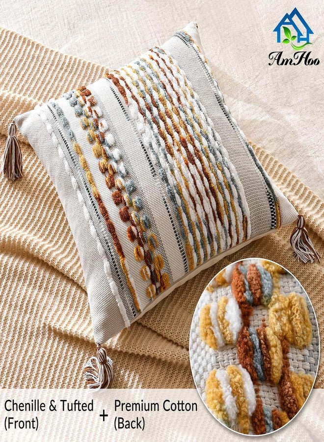 AmHoo Set of 2 Chenille Striped Textured Boho Throw Pillow Covers Aesthetic with Tassels Woven Decorative Pillow Case for Couch Bed Sofa Bedroom Modern Funky 18 x 18-Inch Brown - Image 2