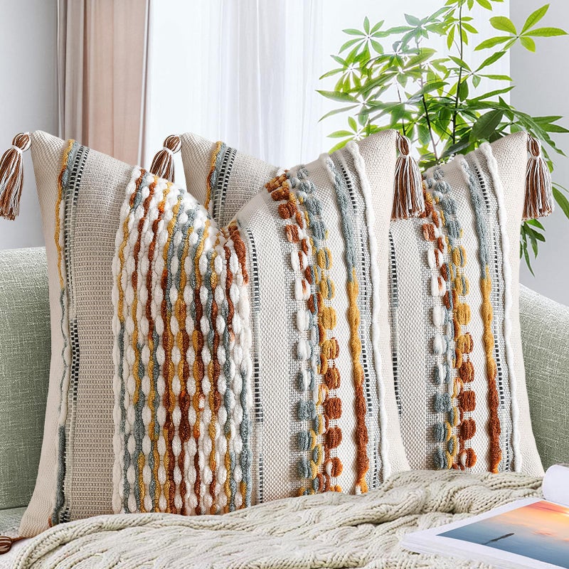 AmHoo Set of 2 Chenille Striped Textured Boho Throw Pillow Covers Aesthetic with Tassels Woven Decorative Pillow Case for Couch Bed Sofa Bedroom Modern Funky 18 x 18-Inch Brown - Image 1