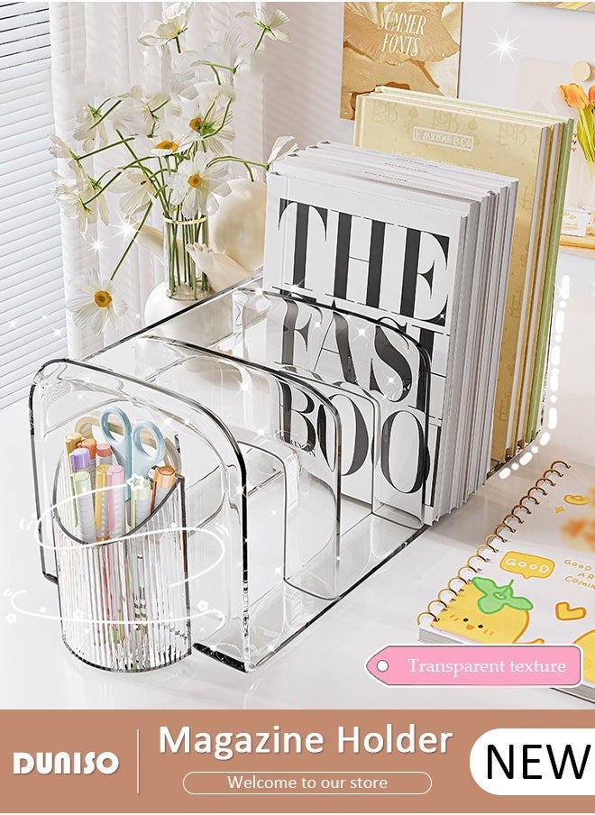 Arabest Magazine Holder with Pen Holder, Clear File Organizer with Handle, Desk Accessories Organizers with 4 Compartments, Large Capacity Bookends, Desktop Book Storage for Home, Office, School  - Image 1