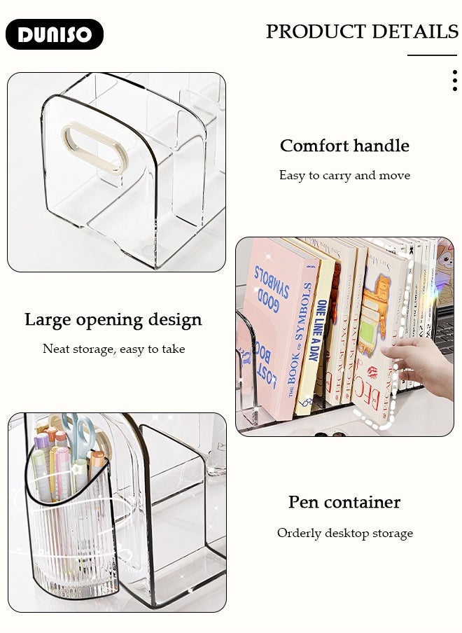 Arabest Magazine Holder with Pen Holder, Clear File Organizer with Handle, Desk Accessories Organizers with 4 Compartments, Large Capacity Bookends, Desktop Book Storage for Home, Office, School  - Image 4