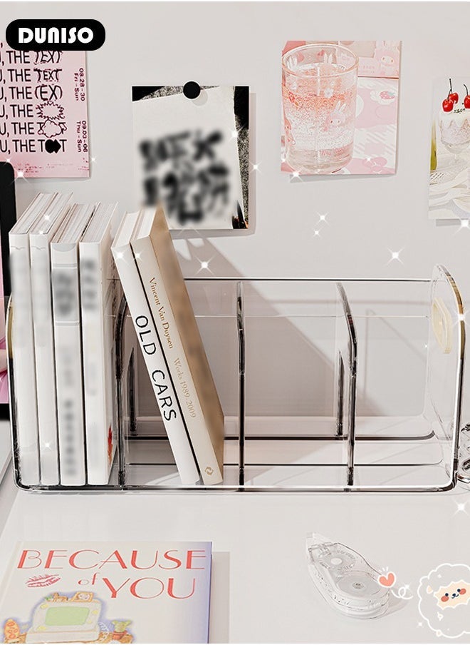 Arabest Magazine Holder with Pen Holder, Clear File Organizer with Handle, Desk Accessories Organizers with 4 Compartments, Large Capacity Bookends, Desktop Book Storage for Home, Office, School  - Image 5