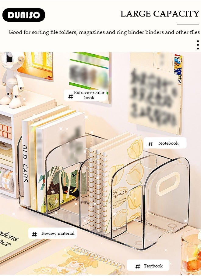 Arabest Magazine Holder with Pen Holder, Clear File Organizer with Handle, Desk Accessories Organizers with 4 Compartments, Large Capacity Bookends, Desktop Book Storage for Home, Office, School  - Image 2