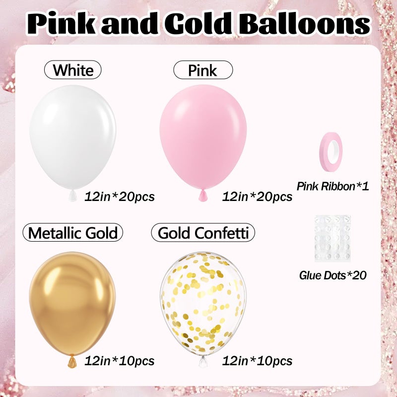 awenztech 60pcs Pink and Gold Balloons 12inch, Pink and White Balloon with Metallic Gold Confetti Balloons for Baby Shower Wedding Birthday Party Decorations - Image 2