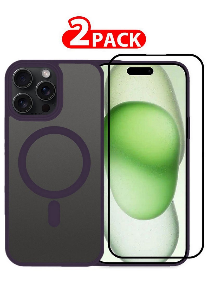 CATANES 2 Pieces Magnetic Slim Protective Case for iPhone 15 Pro - with Wireless Charging Support with 3D Screen Protector - Purple - Image 1