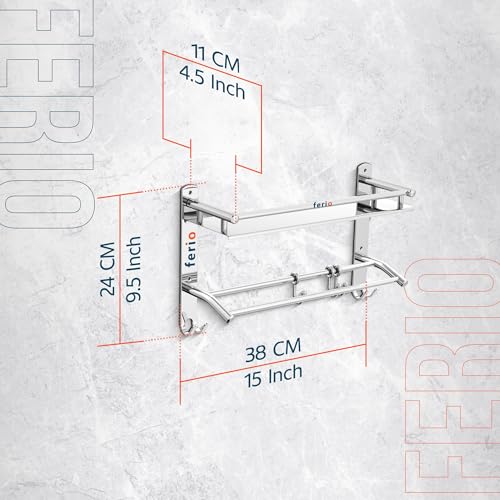 FERIO Bathroom Shelf with Towel Holder, Stainless Steel Bathroom Rack Towel Bar & Hooks, Heavy Duty Bathroom Organizer Storage Rack for Kitchen & Wash Basin, Space Saving(2 - Tier, Silver) - Image 3