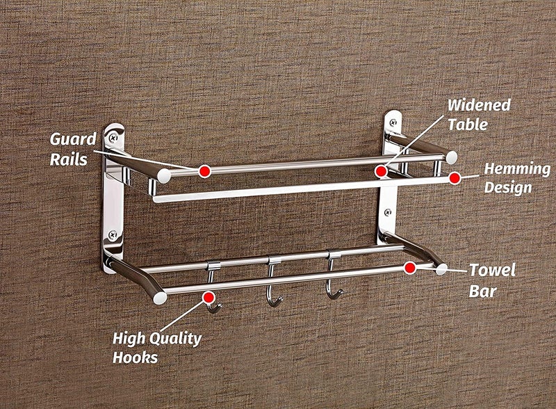 FERIO Bathroom Shelf with Towel Holder, Stainless Steel Bathroom Rack Towel Bar & Hooks, Heavy Duty Bathroom Organizer Storage Rack for Kitchen & Wash Basin, Space Saving(2 - Tier, Silver) - Image 2