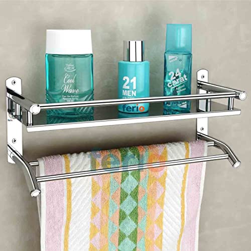 FERIO Bathroom Shelf with Towel Holder, Stainless Steel Bathroom Rack Towel Bar & Hooks, Heavy Duty Bathroom Organizer Storage Rack for Kitchen & Wash Basin, Space Saving(2 - Tier, Silver) - Image 4