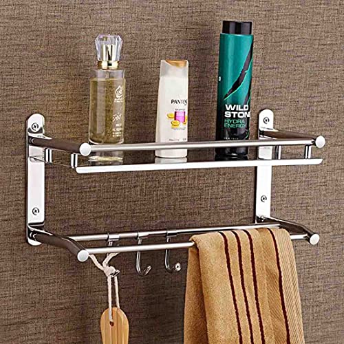 FERIO Bathroom Shelf with Towel Holder, Stainless Steel Bathroom Rack Towel Bar & Hooks, Heavy Duty Bathroom Organizer Storage Rack for Kitchen & Wash Basin, Space Saving(2 - Tier, Silver) - Image 1