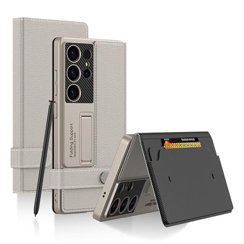 Midkart Leather Flip Cover Compatible with Samsung Galaxy S25 Ultra with Card Holder Built-in Kickstand Magnetic Belt Lock Inner Hard PC with Full Body and Camera Protection, Beige - Image 1