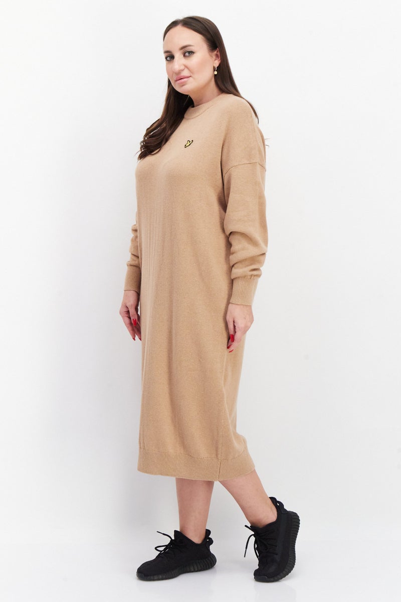 Lyle & Scott Women Brand Logo knitted Sweater Dress, Tan - Image 2