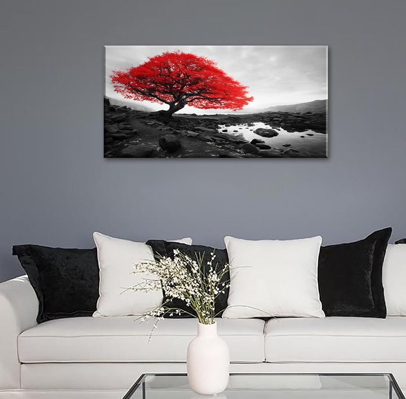 DJSYLIFE Black and White Red Tree Wall Art Canvas Print Picture Large Living Room Wall Decor Nature Scenery Paintings Modern Home Office Bedroom Artwork Decorations Framed Ready to Hang 20" x 40" - Image 2