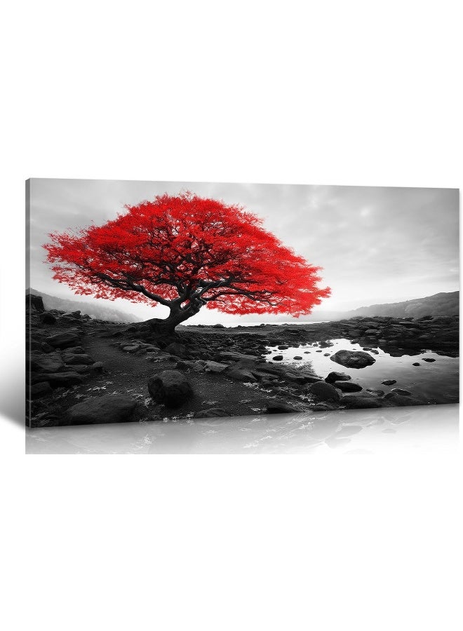 DJSYLIFE Black and White Red Tree Wall Art Canvas Print Picture Large Living Room Wall Decor Nature Scenery Paintings Modern Home Office Bedroom Artwork Decorations Framed Ready to Hang 20" x 40" - Image 1