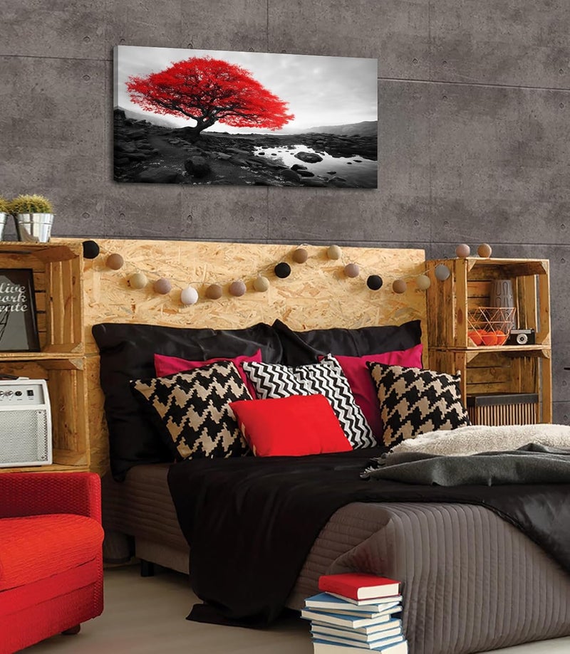 DJSYLIFE Black and White Red Tree Wall Art Canvas Print Picture Large Living Room Wall Decor Nature Scenery Paintings Modern Home Office Bedroom Artwork Decorations Framed Ready to Hang 20" x 40" - Image 3