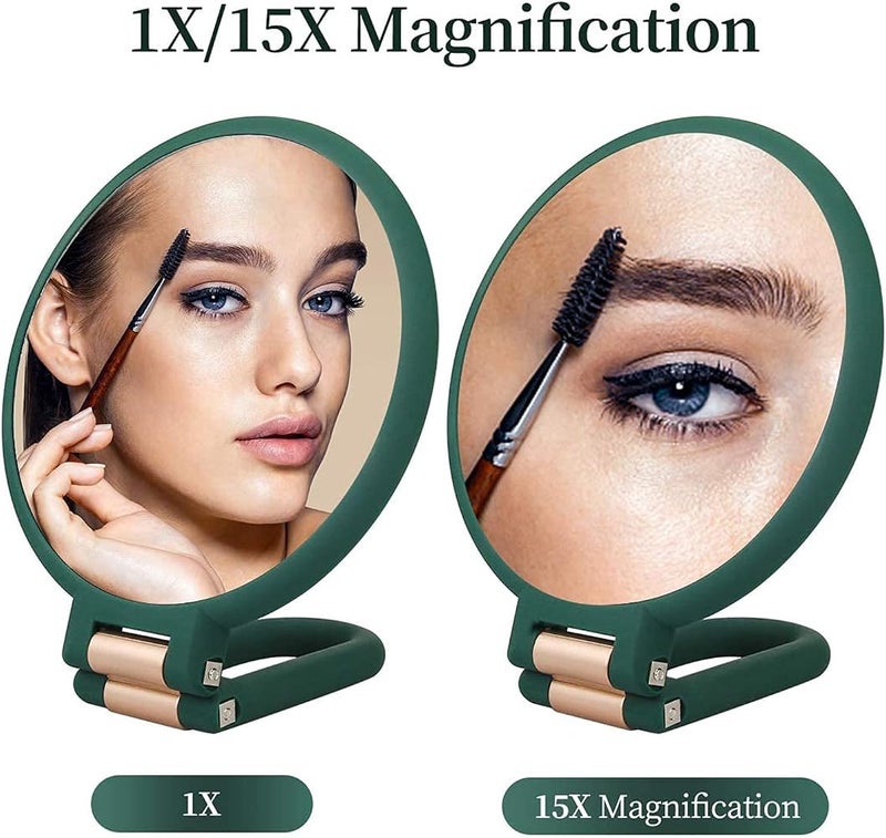 ELECDON Magnifying Hand Held Mirror, Double Side Folding Hand Mirror for Women with Adjustable Handle, Travel Table Desk Shaving Bathroom Cosmetic Mirrors Handheld Portable for Travel 1X 15X (Green) - Image 2