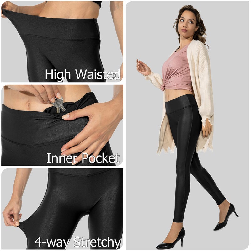 SANTINY Women's 25.5''/27'' Faux Leather Leggings Pants Stretch High Waisted Tights for Women(Black_L) - Image 5