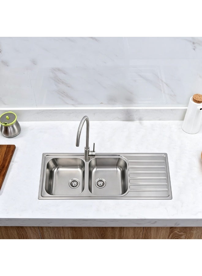 CM ATLANTIC_010557 Stainless Steel Double Bowl Kitchen Sink – Reversible Sink with Drain Board, 1160 x 500 mm - Image 4