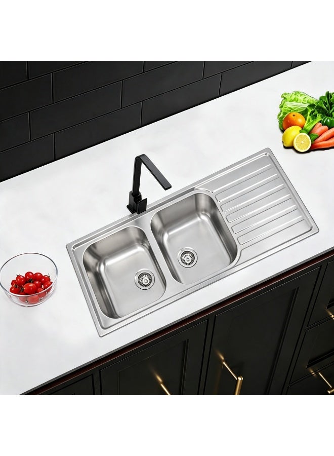 CM ATLANTIC_010557 Stainless Steel Double Bowl Kitchen Sink – Reversible Sink with Drain Board, 1160 x 500 mm - Image 3