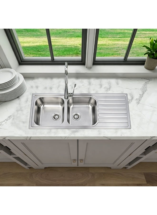 CM ATLANTIC_010557 Stainless Steel Double Bowl Kitchen Sink – Reversible Sink with Drain Board, 1160 x 500 mm - Image 2