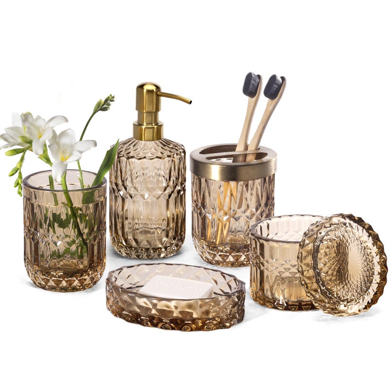 EMPO 6PCS Bathroom Clear Glass Accessories Set Lotion Soap Dispenser Soap Dish Toothbrush Holder Tumbler Cotton Swab Jar Contemporary Modern Decor Crystal Vintage Gift 6pcs Brown