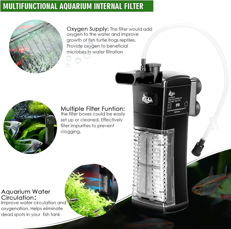 AQQA Aquarium Internal Filter, Submersible Power Filter in-Tank with Adjustable Water Flow, Ultra Silent Sponge Filter for Fish Tank Water Crystal Clear - Image 4