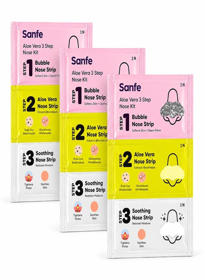 Sanfe Aloe Vera 3 Step Nose Kit | 3 Units | Nose Strips for Blackhead Removal Routine | Deep Cleansing Pore Cleaning Strips for Oily Skin Care | At Home Cleansing Kit | Peel-Off Mask Style (Pack of 3) - Image 1