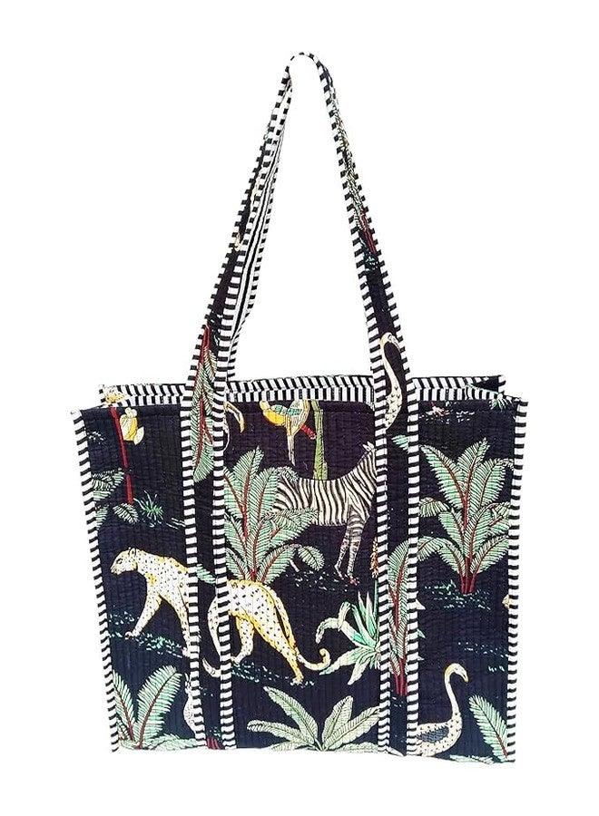 Craft N Copper Quilted Cotton Women Beautiful Printed Tote Bag Large Shopping Hand Bag, Shoulder Bag, Travel Bags, Black, Large - Image 1