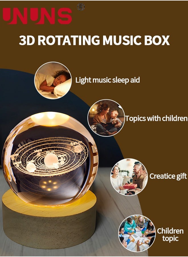 UNUNS - 3D LED Crystal Ball,Clear 80mm (3.15 inch) Solar System Glass Ball With Wooden Base And Projection,3D Space Laser Engraving Night Lamp - Image 1