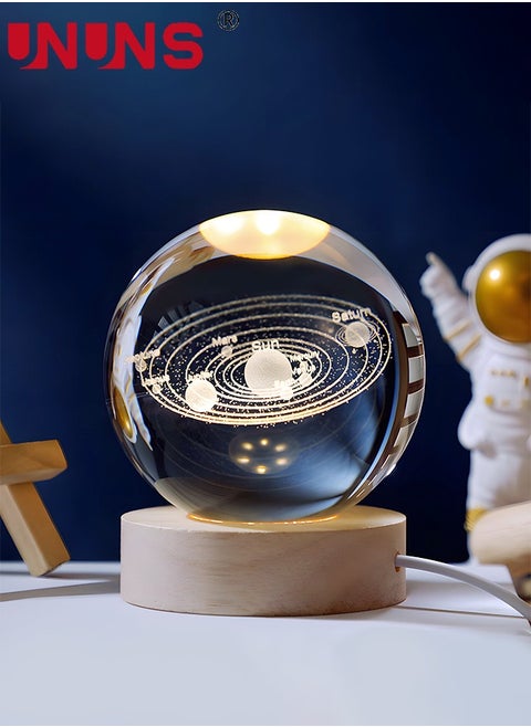 3D LED Crystal Ball,Clear 80mm (3.15 inch) Solar System Glass Ball With Wooden Base And Projection,3D Space Laser Engraving Night Lamp