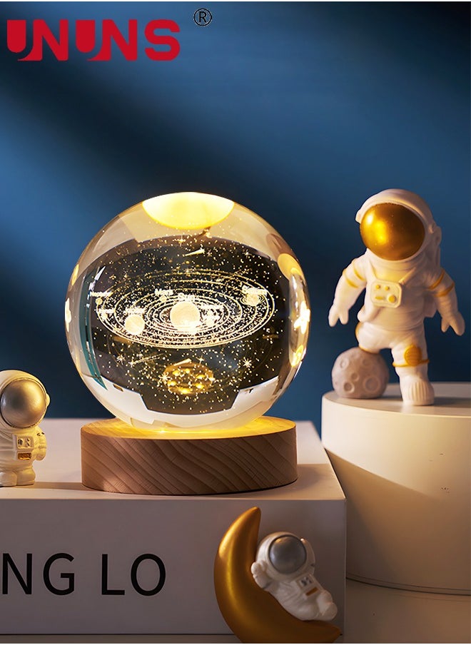 UNUNS - 3D LED Crystal Ball,Clear 80mm (3.15 inch) Solar System Glass Ball With Wooden Base And Projection,3D Space Laser Engraving Night Lamp - Image 1