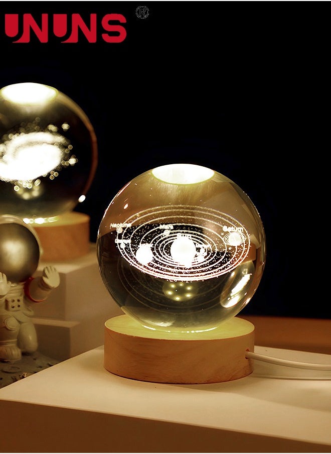 UNUNS - 3D LED Crystal Ball,Clear 80mm (3.15 inch) Solar System Glass Ball With Wooden Base And Projection,3D Space Laser Engraving Night Lamp - Image 1