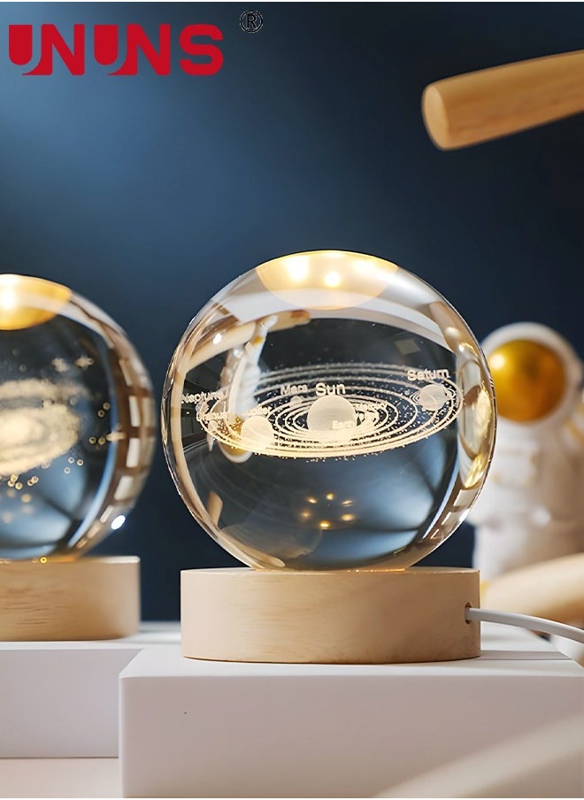 UNUNS - 3D LED Crystal Ball,Clear 80mm (3.15 inch) Solar System Glass Ball With Wooden Base And Projection,3D Space Laser Engraving Night Lamp - Image 1