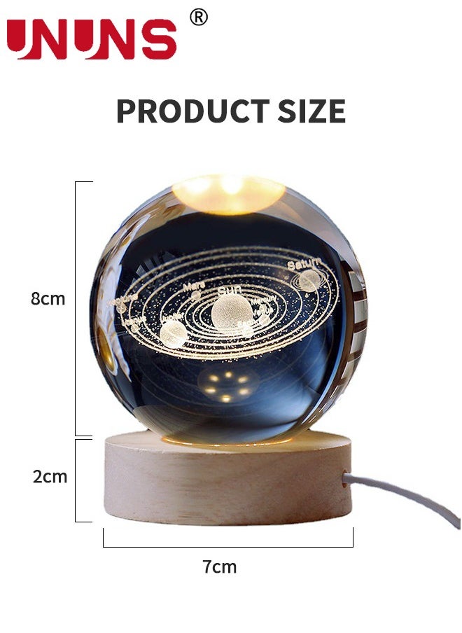 UNUNS - 3D LED Crystal Ball,Clear 80mm (3.15 inch) Solar System Glass Ball With Wooden Base And Projection,3D Space Laser Engraving Night Lamp - Image 1
