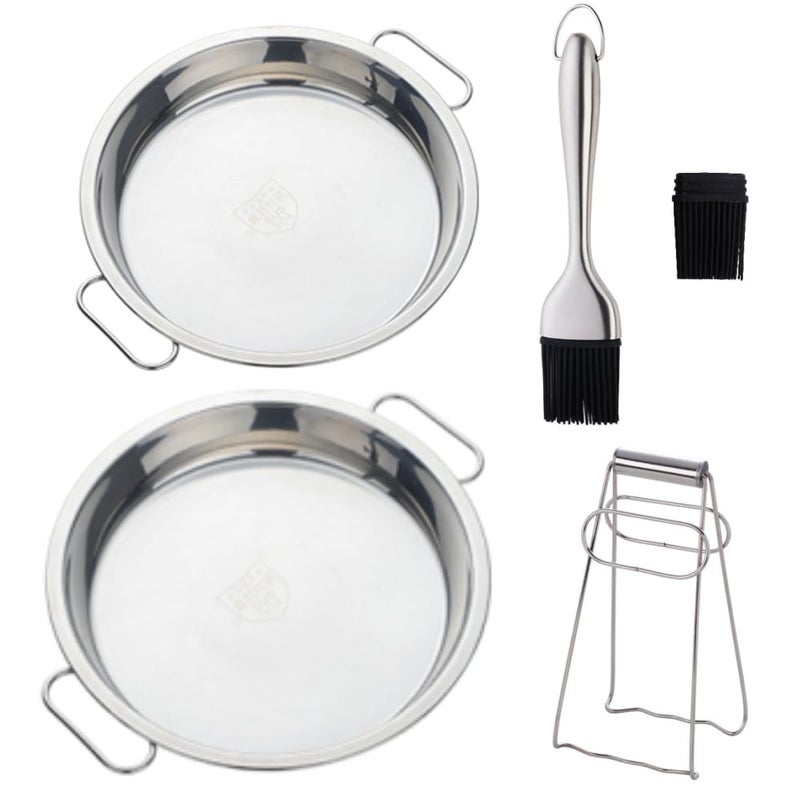 BOOTLION Stainless Steel 2pcs Steaming Tray Set, With plate tongs , oil brush toolï¼ŒFolding handleï¼ŒChinese Liangpi Making Tools Set, For Cold Noodleï¼ŒSteamed Riceï¼ŒSteamer Pan Round Cake Fruit Tray (Silver) - Image 1