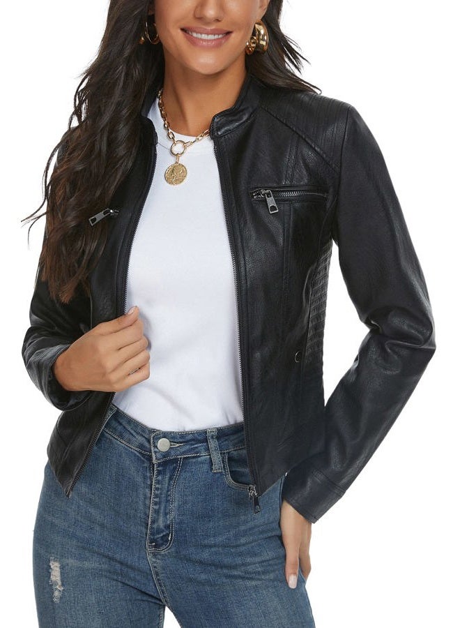 Fahsyee Faux Leather Jacket for Women, Moto Biker Slim Vegan MotorcycleZipper Coat Outwear, Black, Size L - Image 1