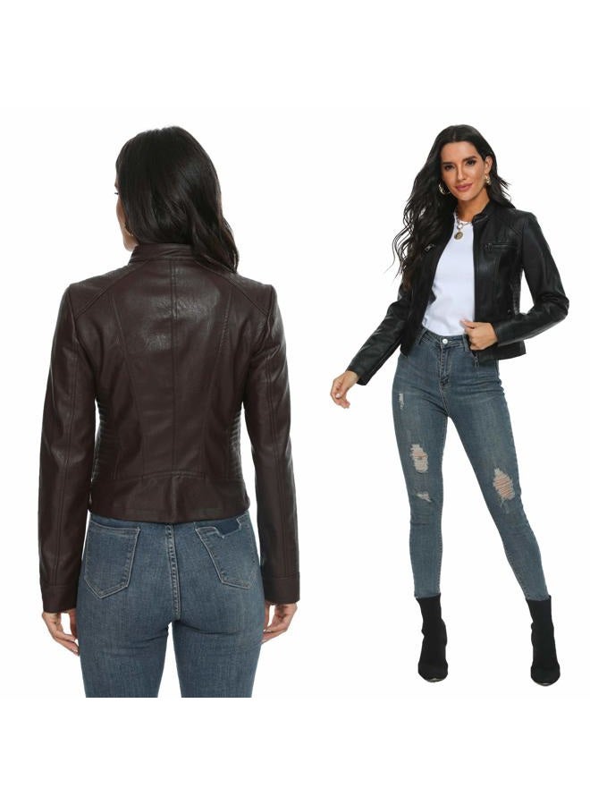 Fahsyee Faux Leather Jacket for Women, Moto Biker Slim Vegan MotorcycleZipper Coat Outwear, Black, Size L - Image 4